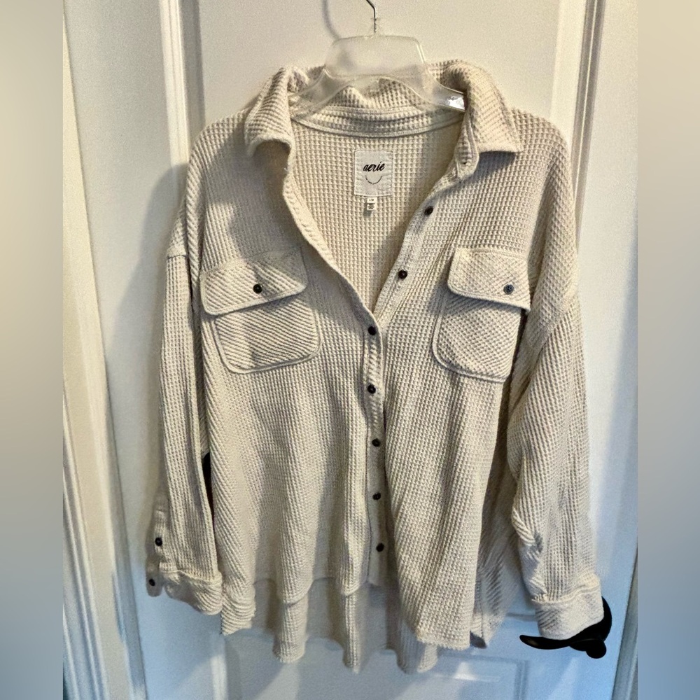 Aerie Cream Waffle Knit Button-Up Shirt